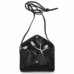 keecie handgemaakt schoudertasje, zwart italiaans leer, witte print aan binnenkant