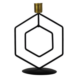 hexagon kandelaar van zwart meetaal met goudkleurig accent
